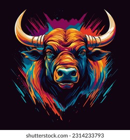 Ilustración vectorial del estilo de pincel vibrante de la cabeza de toro para la impresión de camisetas o afiches.