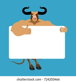 bull holding banner blank. Minotaur and white blank. buffalo joyful emotion. Big monster with horns and place for text. Vector illustration
