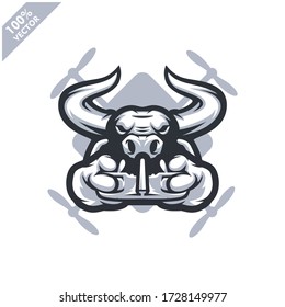 Bull holding Drone controller. Mascot logo for drone racing team, drone club or store. Design element for company logo, label, apparel or other merchandise. Scalable and editable vector illustration.