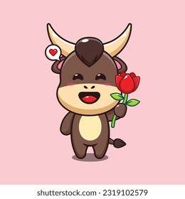 bull holding rose flower cartoon vector illustration.