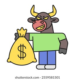 Bull holds bag of money and smiles. Vector Illustration