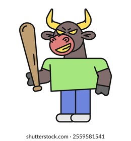 Bull holds baseball bat and smiles. Vector Illustration