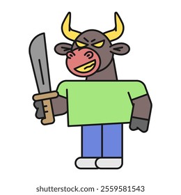 Bull holds machete and smiles. Vector Illustration