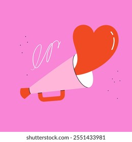 Bull horn illustration with big red heart. Playful and bold design, communication and romance themes.