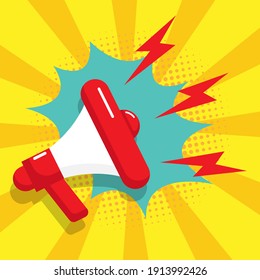 bull horn, megaphone with burst and dots in comic style background vector illustration