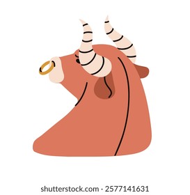 Bull, horned animal with nose ring. Taurus zodiac sign, astrology horoscope symbol. Ox, bovine, farm cattle avatar, view from behind. Flat graphic vector illustration isolated on white background