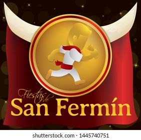 Bull horns behind golden button with Spaniard runner holding a newspaper inside of it and decorated with a red matador cape to celebrate San Fermin Festival (written in Spanish).