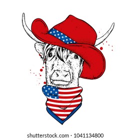 Bull with horns cowboy hat and headscarf. Vector illustration. Technology and music.