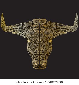 Bull with horns. Ethnic patterns. Vector illustration for a card or poster, print on clothes. 2021.