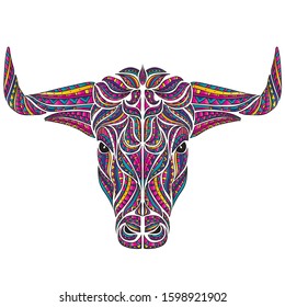 Bull with horns. Ethnic patterns. Vector illustration for a card or poster, print on clothes. 2021.