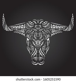 Bull with horns. Ethnic patterns. Vector illustration for a card or poster, print on clothes. 2021.