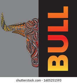 Bull with horns. Ethnic patterns. Vector illustration for a card or poster, print on clothes. 2021.