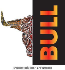 Bull with horns. Ethnic patterns. Vector illustration for a card or poster, print on clothes. 2021.