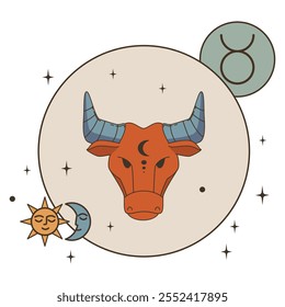 Toro con cabeza de cuernos en forma de círculo con estrellas, luna y sol. Tauro es un signo del zodiaco. Ilustración vectorial plana vintage de postal. Eps10