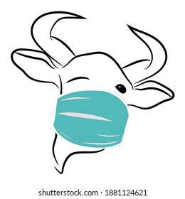 Bull with horns in a medical blue mask isolated on a white background. Symbol of 2021. Vector illustration.