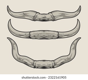 Bull horns monochrome set sticker with bull or wild cow horns of different shapes for advertising design vector illustration