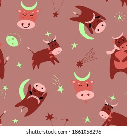 Bull horns moon flat vector seamless pattern. Funny repeat ox on brown background. Sleeping calf and stars texture. New year sign 2021. Funny kids fabric design for fabric, textile, wrapper, print