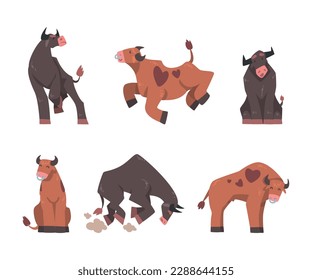 Bull with Horns and Ring in the Nose as Domestic Cattle with Hoof in Different Pose Vector Set