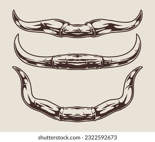 Bull horns set emblem monochrome with cow antlers for 20th century Texas style country house interior design vector illustration