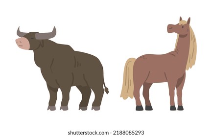 Bull and Horse with Mane as Hoofed Mammal with Horns and Farm Animal Vector Set