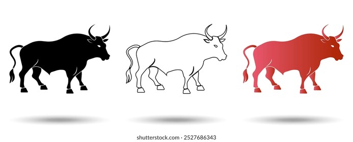 Ícone Bull. Ícone de touro em um fundo branco, isolado. O ícone tem três usos em aplicativos e sites. Ilustração vetorial. Ícone de touro em um fundo branco.