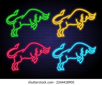 Bull icon set with neon light glowing effects