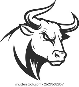Bull icon with sharp horns, logo of an aggressive bull with a stern look in black.