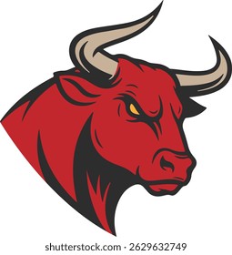 Bull icon with sharp horns and yellow eyes, aggressive bull logo with stern gaze in red color.