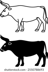 Iconos de toro. Ilustraciones vectoriales blancas y negras. Ungulados De Pies Uniformes, Ganado Mamífero. Agricultura, agricultura. Para el diseño de libros para colorear. Concepto de animales domésticos