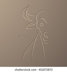 Bull illustration line art debossed design isolated on light brown color gradient background