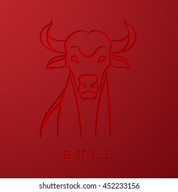 Bull illustration line art debossed design isolated on red color gradient background
