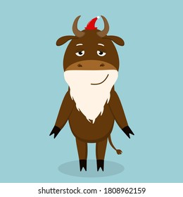 bull in the image of Santa Claus with a white beard and a red cap, symbol of 2021 year