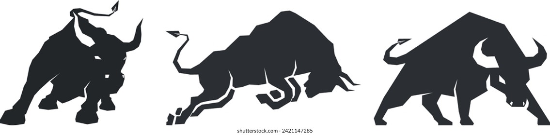 Bull images set. Bull logo designs set, Stylized silhouettes of standing in different poses and butting up bulls. Isolated on white background. Vector illustration for any kind of graphic design.