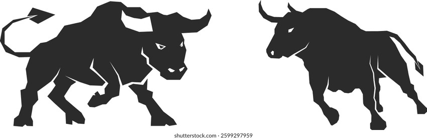 Bull images set. Bull logo designs set, Stylized silhouettes of standing in different poses and butting up bulls. Isolated on white background.  Vector illustration for any kind of graphic design.