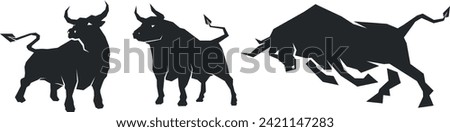 Bull images set. Bull logo designs set, Stylized silhouettes of standing in different poses and butting up bulls. Isolated on white background. Vector illustration for any kind of graphic design.