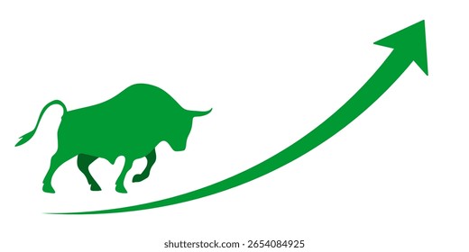 Bull and increase arrow vector, symbolizing a bull market, growth, and optimistic financial trends. Ideal for stock market analyses, investment strategies, economic forecasts indicating upward moment