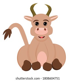The bull is isolated on a white background. The bull is a symbol of the new year 2021. Vector illustration in a flat cartoon style. Animal for Christmas greetings and postcards. Cute bull with a tail.
