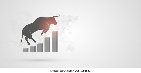 Bull jump on increase financial chart in global stock market on black and white color background