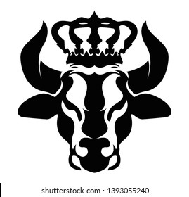 Bull King logo. Angus Crown icon. Taurus illustration design. Cow head mascot. Steakhouse, bbq or grill logotype. Suitable for ranch, steakhouse, restaurants, farms, meat and cattle.