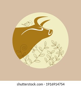 Bull with leaves ornament isolated on circle background vector illustration.