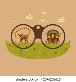 Bull and lemur through binoculars vector illustration