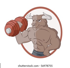 The bull is lifting a dumbbell