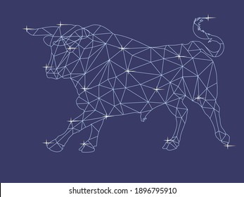 bull of lines, starry polygon on a dark blue sky background, symbol of 2021