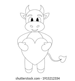 Bull. Little goby. A baby cow holds a heart in its paws. Calf. Sketch. Vector illustration. Outline on an isolated white background. Coloring book for children. Valentines Day. Doodle style. Cute pet.