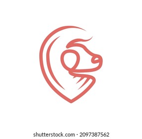 bull location logo design template use monochrome red color. outline icon. the concept of the symbol is to combine the head of a bull with a pin or a locator.