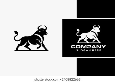 Bull Logo Design, Bull silhouette, symbol of the year in the Chinese zodiac calendar. Vector illustration of a standing horned ox or a black angus isolated on a black and white background