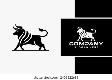 Bull Logo Design, Bull silhouette, symbol of the year in the Chinese zodiac calendar. Vector illustration of a standing horned ox or a black angus isolated on a black and white background