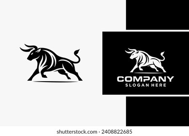 Bull Logo Design, Bull silhouette, symbol of the year in the Chinese zodiac calendar. Vector illustration of a standing horned ox or a black angus isolated on a black and white background