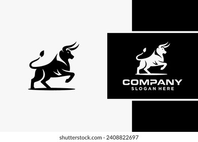 Bull Logo Design, Bull silhouette, symbol of the year in the Chinese zodiac calendar. Vector illustration of a standing horned ox or a black angus isolated on a black and white background