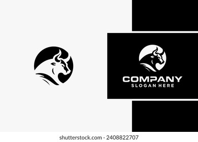 Bull Logo Design, Bull silhouette, symbol of the year in the Chinese zodiac calendar. Vector illustration of a standing horned ox or a black angus isolated on a black and white background